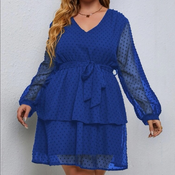 Blue plus size bishop sleeve ruffle hem belted mini dress - Picture 12 of 16